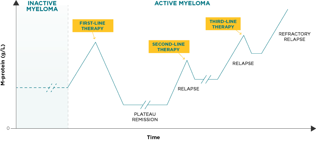 Graphic depicting typical disease progression and relapse timing of multiple myeloma
